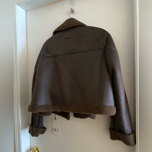 Faux shearling cropped biker jacket brown - Picture 5 of 6